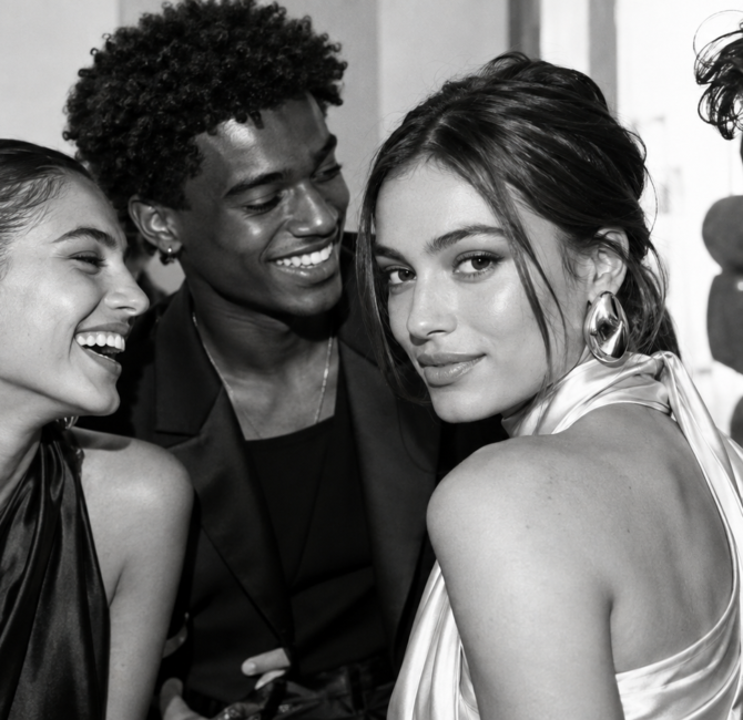 Four fictional young adults in monochrome fashion styling, gathered closely in a contemporary creative space.