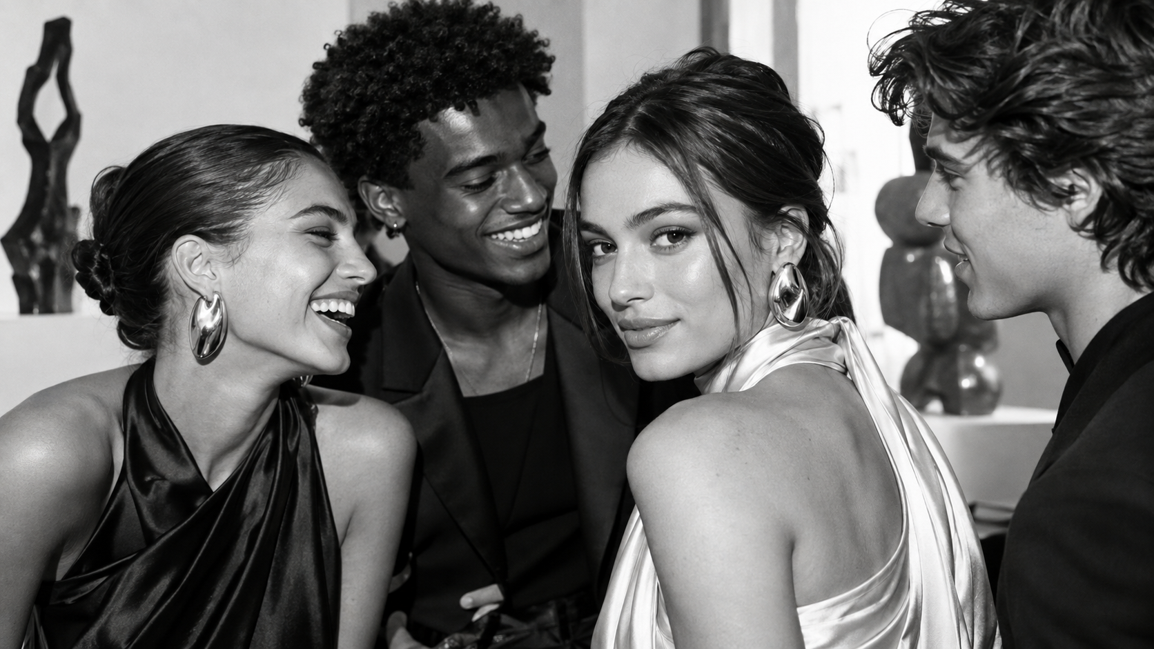 Four fictional young adults in monochrome fashion styling, gathered closely in a contemporary creative space.