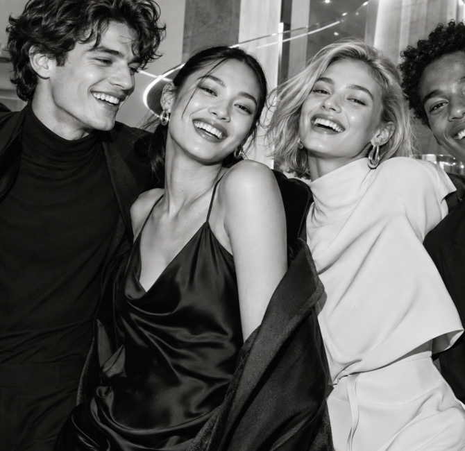 Four fictional young adults in black-and-white glamorous fashion, smiling together in a bright chrome and stone interior.