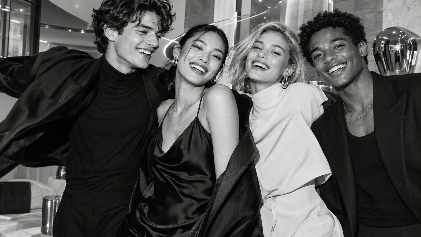 Four fictional young adults in black-and-white glamorous fashion, smiling together in a bright chrome and stone interior.