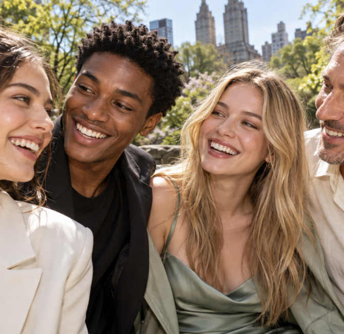 Three fictional young adults and one older adult smiling together in a leafy city park, dressed in ivory, black and muted mint.