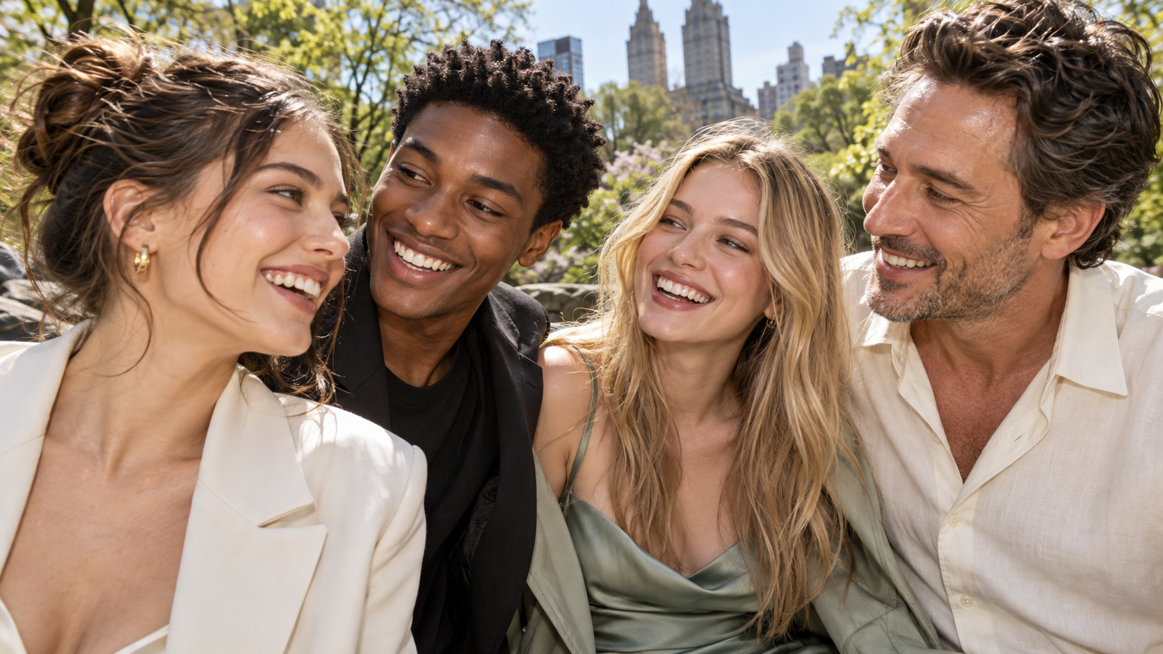 Three fictional young adults and one older adult smiling together in a leafy city park, dressed in ivory, black and muted mint.